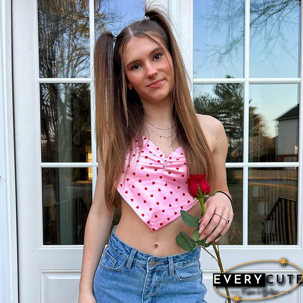Cute Kawaii Heart Print Crop Top Summer Women Halter Camis Girl Pink Party Club Vest Street Wear Cropped Feminino