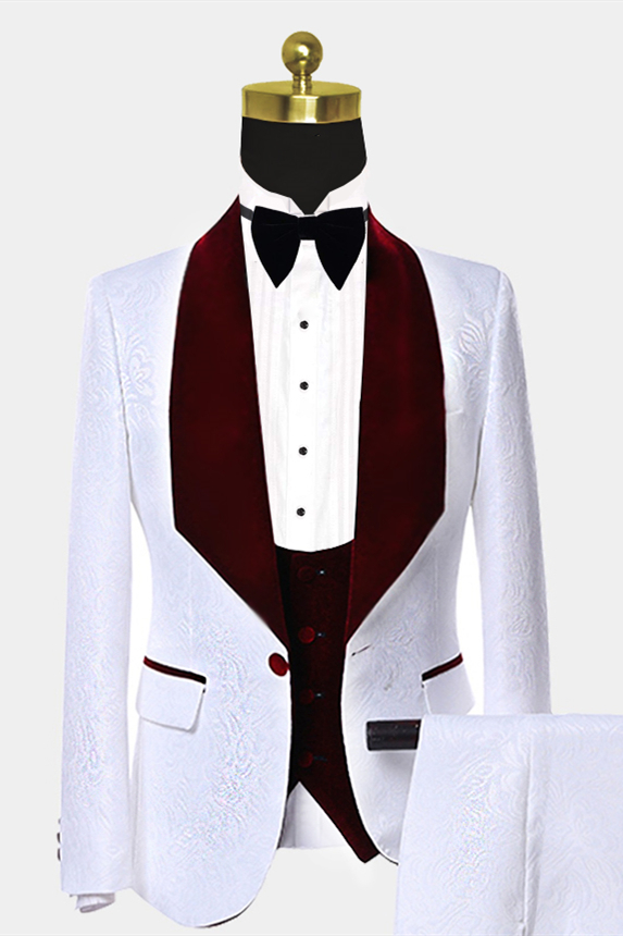 Bellasprom Burgundy Velvet Lapel Prom Suits White Jacquard Wedding Tuxedos