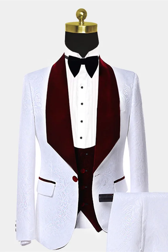 Shining Burgundy Velvet Prom Suit For Men Lapel With White Jacquard