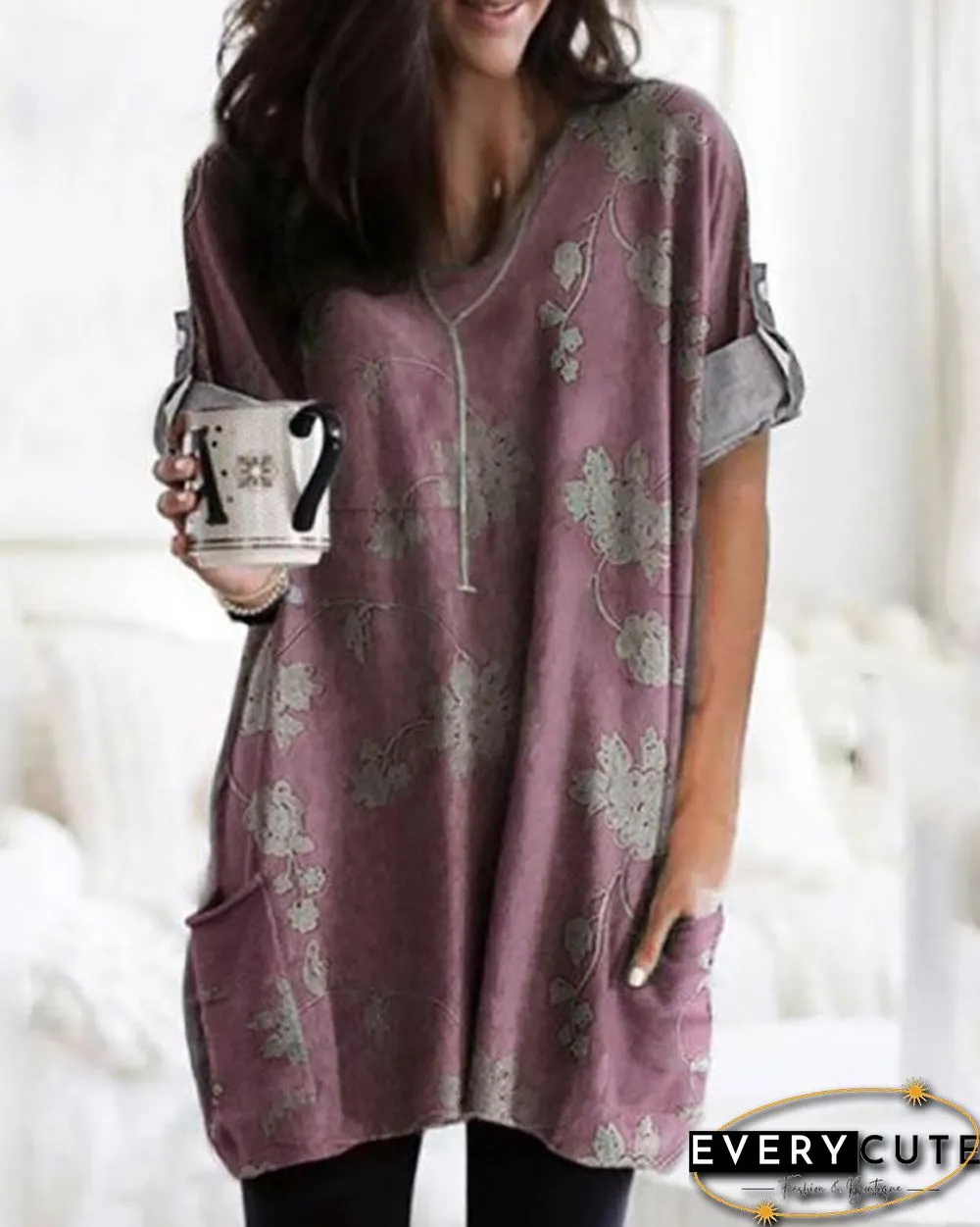 Temperament Printed V-Neck Loose Long Sleeve T-Shirt