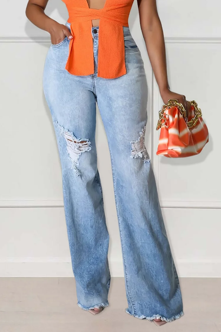 Denim High Waist Ripped Raw Edge Casual Jeans-Blue