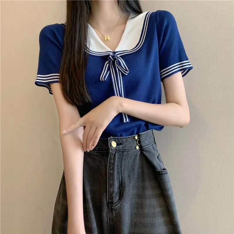 Uveng Uveng Style Doll Collar T-Shirt For Women's Summer New Sweet Spicy Head Short-Shoeed Sexy Ins Short-Sleeved Top