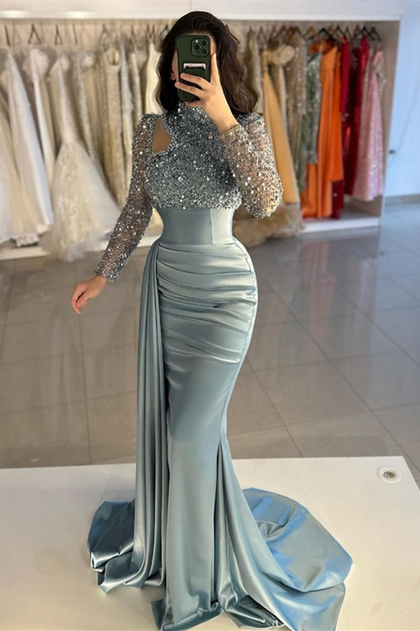 Stunning Dusty Blue Prom Dresses Long Sleeves Mermaid Split With Sequins - lulusllly