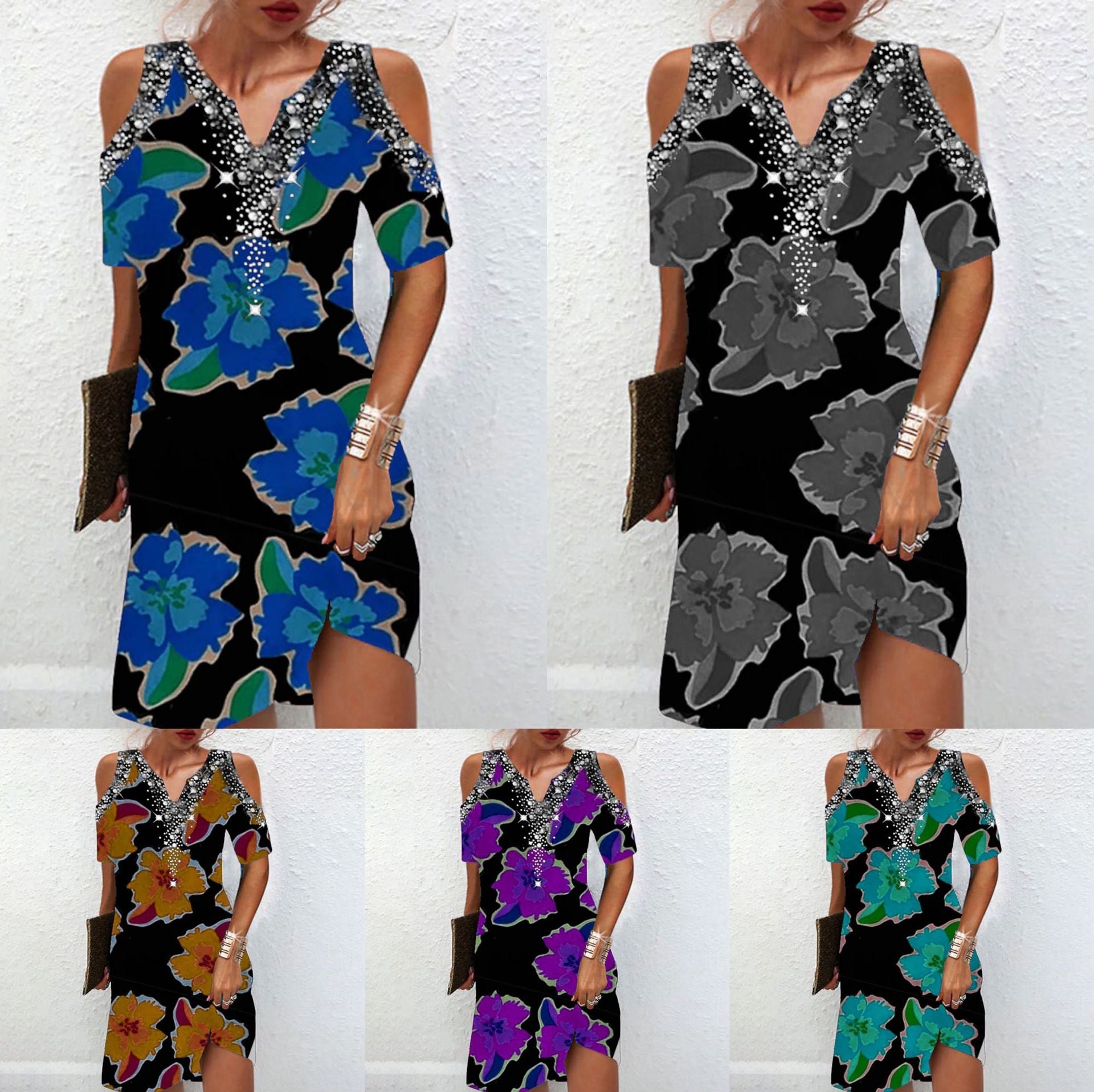 Women Short Sleeve Cold Shoulder V-neck Floral Printed Midi Dress