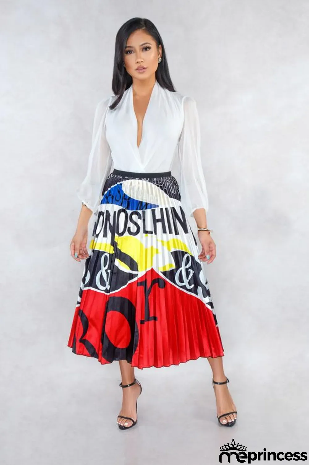 Multi-color Polyester Elastic Fly Mid Print Patchwork Draped Pleated skirt Capris Skirts
