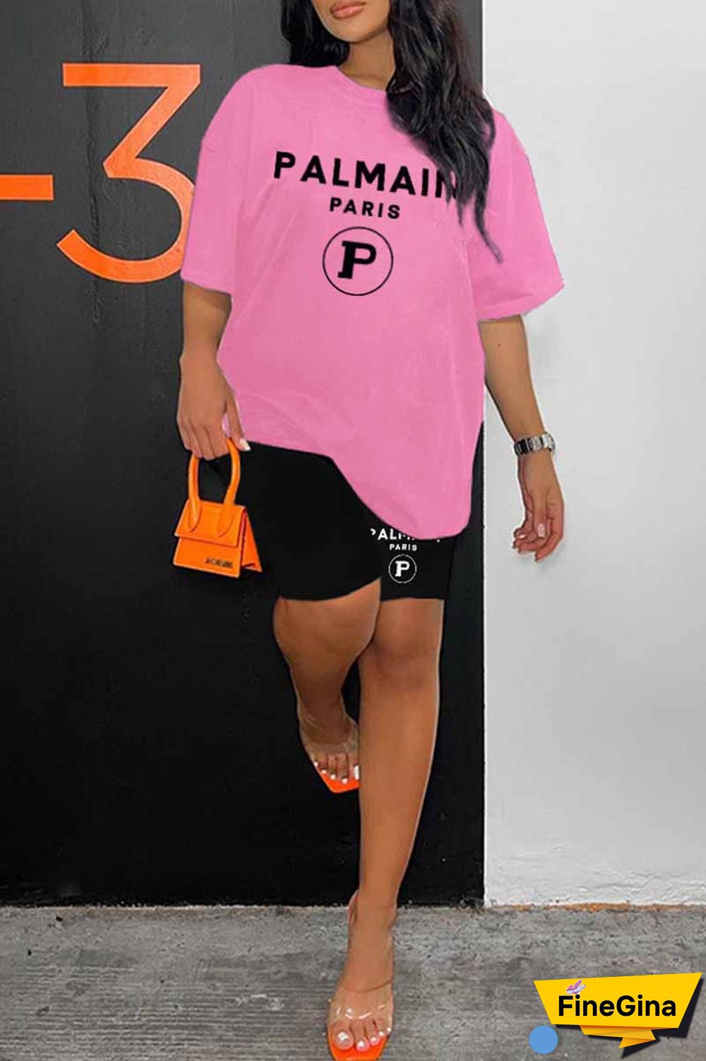 Blue Casual Print Letter O Neck Short Sleeve Two Pieces