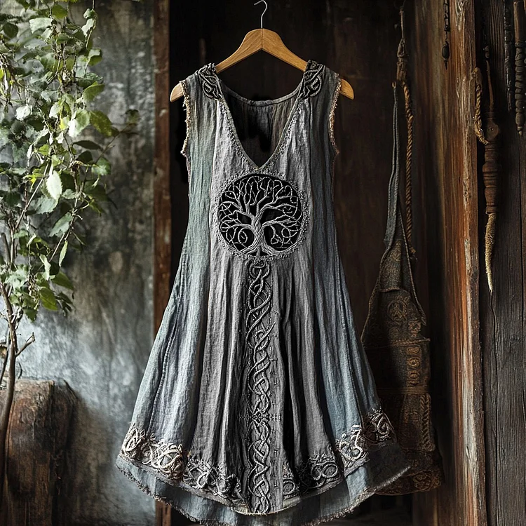Tribal Viking Colorful Gradient Tree Of Life Lace Art Linen Tank Dress