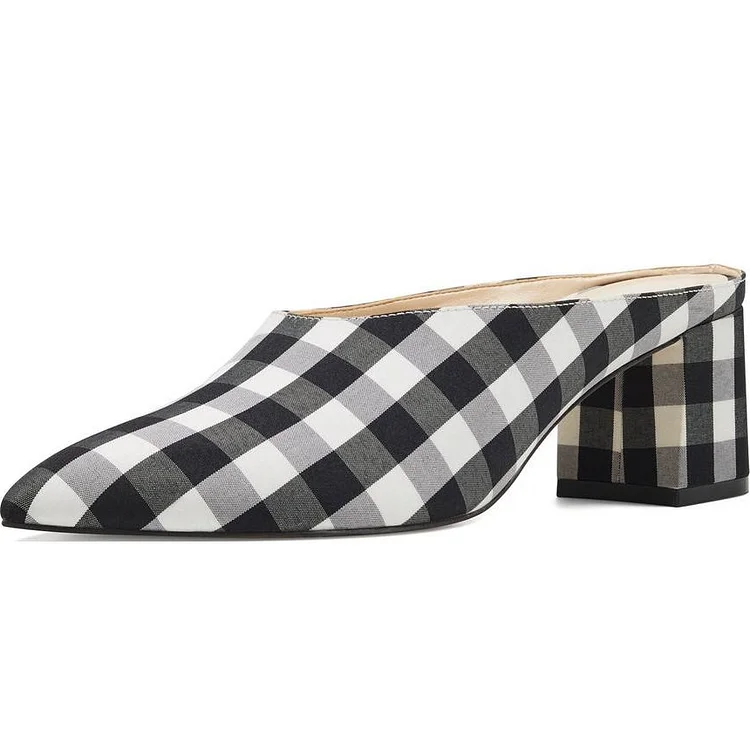 Black and White Plaid Pointed Toe Block Heel Mules for Women |FSJ Shoes