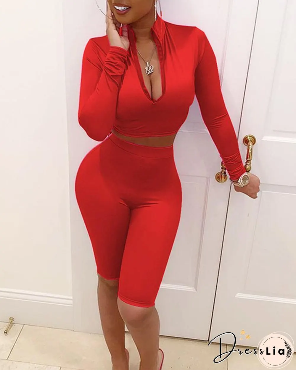 Solid Long Sleeve Skinny Blouse Suit Sets P15198