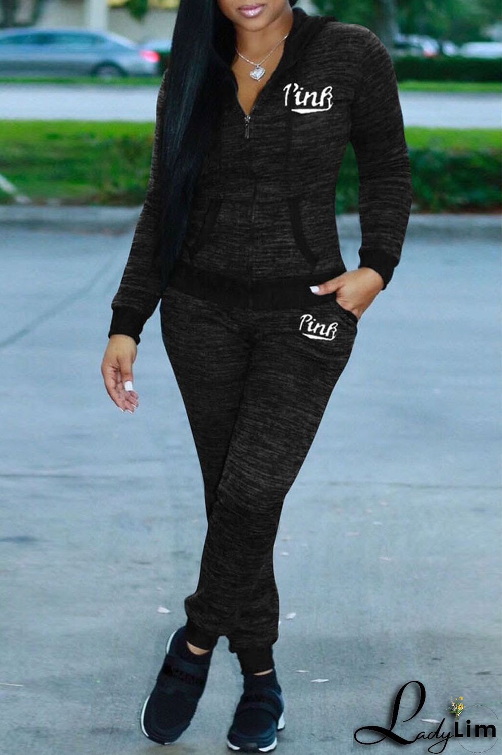 Grey Casual Sportswear Letter Print Patchwork Hooded Collar Long Sleeve Two Pieces