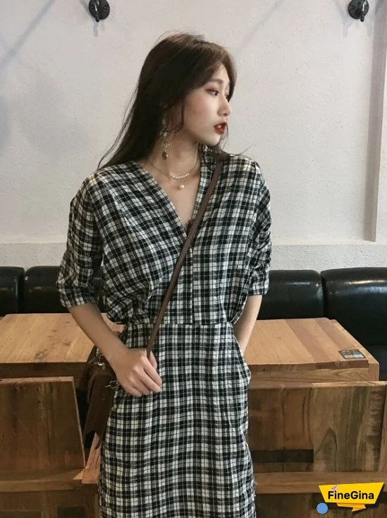 Checked linen cotton dress