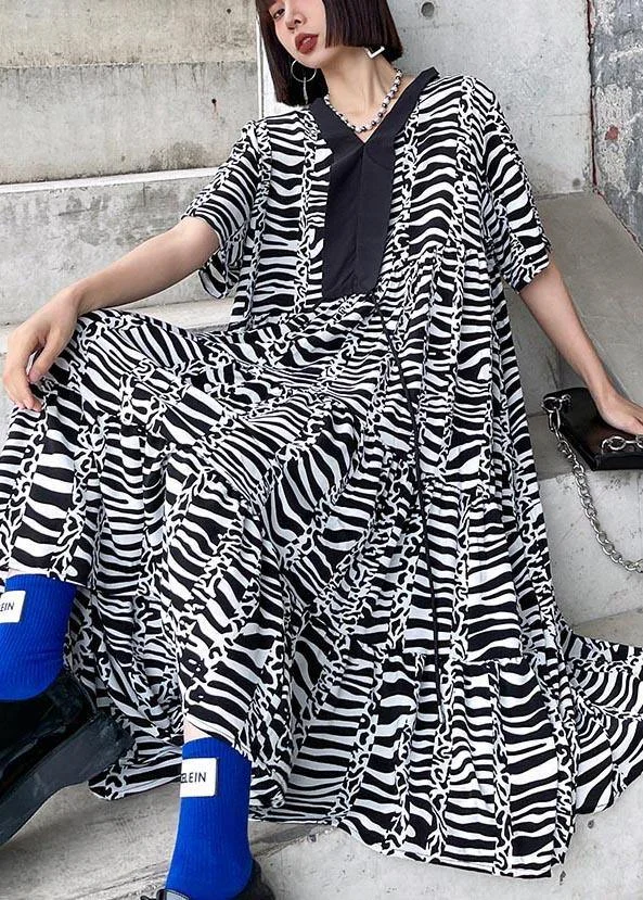 Natural Zebra pattern V Neck Cotton asymmetrical design Summer Maxi Dress