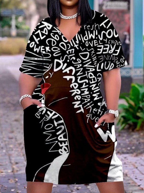Women's Black Plus Size V-neck Mid-sleeve Dress