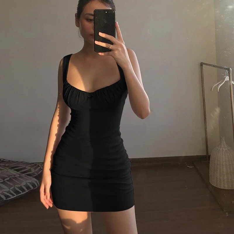 2020 Sexy Ruched Mini Dress Women Black White Slim Clubwear Party Dress Elegant Lady Dresses Summer Tank Dresses Femme Clothes