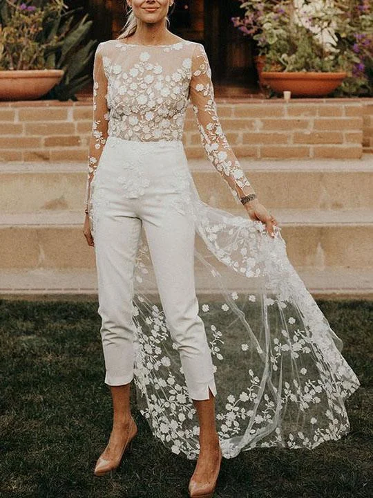 See-through floral paneled long sleeves lace wedding  jumpsuit-zachics