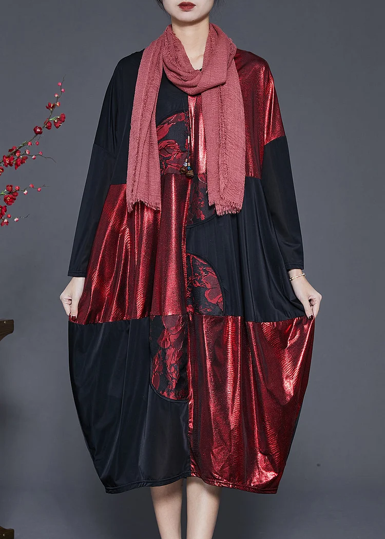 Plus Size Black Oversized Patchwork Silk Holiday Dress Spring