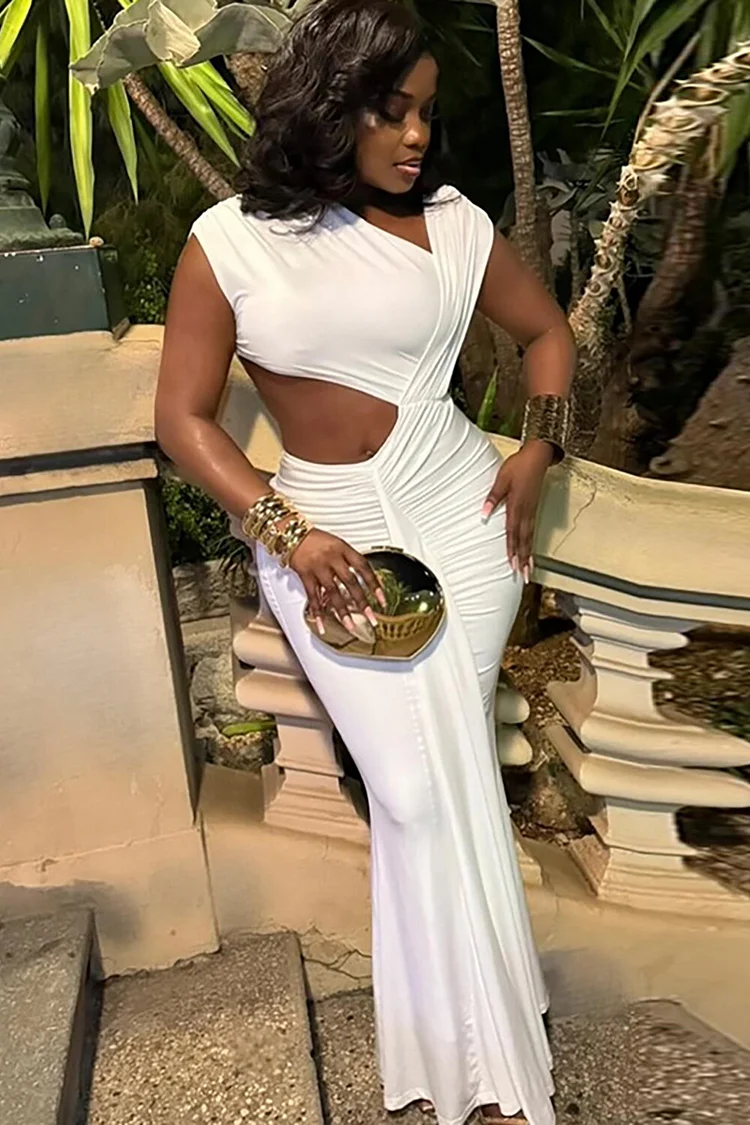 Asymmetrical Neckline Cap Sleeve Cutout Ruched Bodycon Maxi Dresses-White