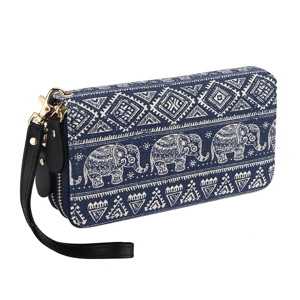 Purse Wallet Canvas Elephant Pattern Handbag with Coin Pocket and Strap