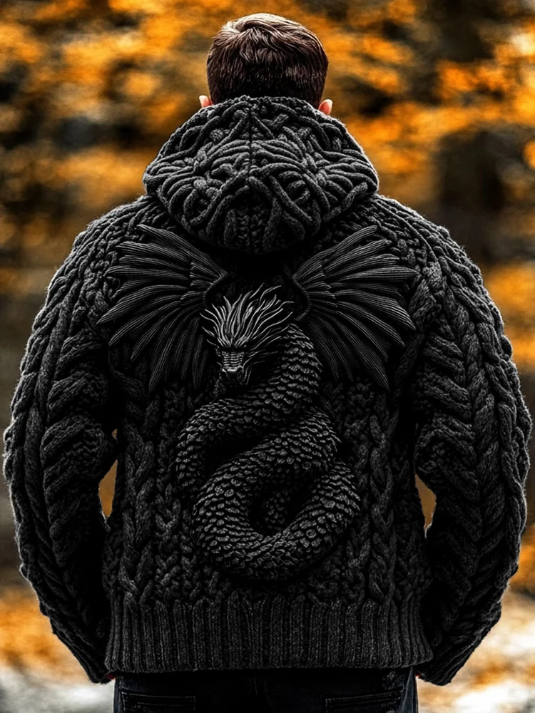 VChics Men's Dragon Viking Celtic Chunky Knit Hooded Sweater