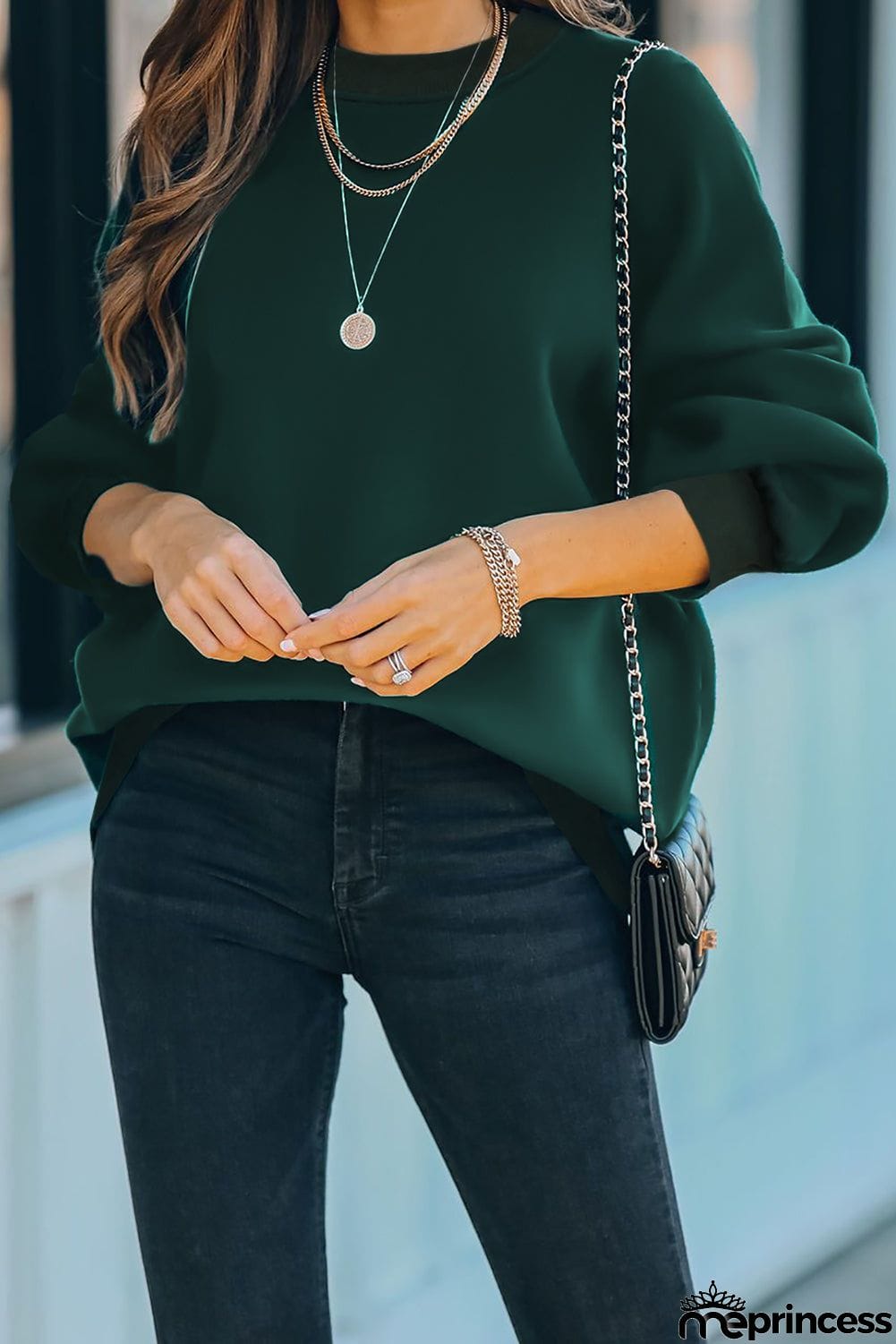 Plain Drop-shoulder Pullover Sweatshirt /Black/Green