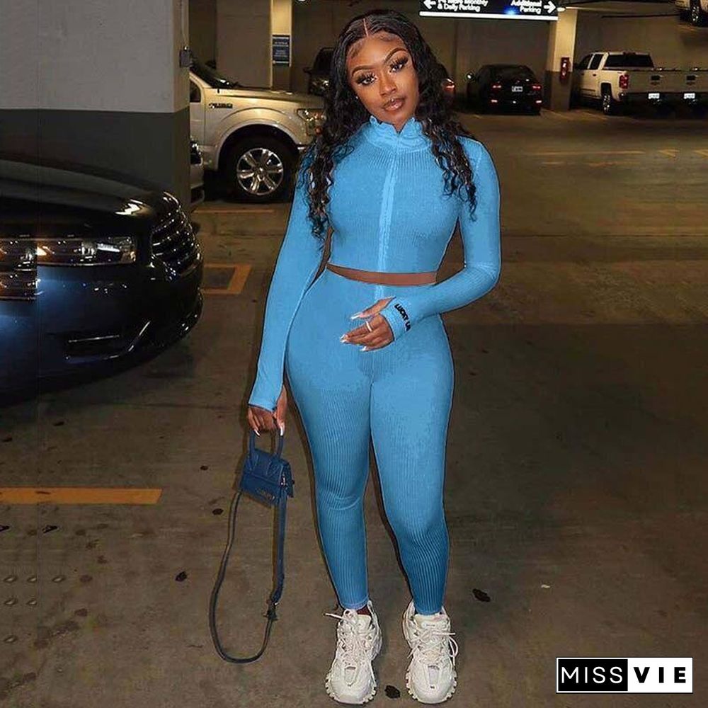 Autumn Ribbed Tracksuit Set Women Two Piece Outfits Work Out Sweat Suits Crop Top Women Set Fitness Sweatsuit Female