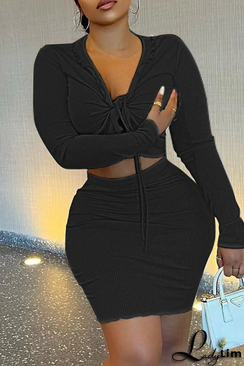 Black Sexy Casual Solid Bandage V Neck Long Sleeve Two Pieces