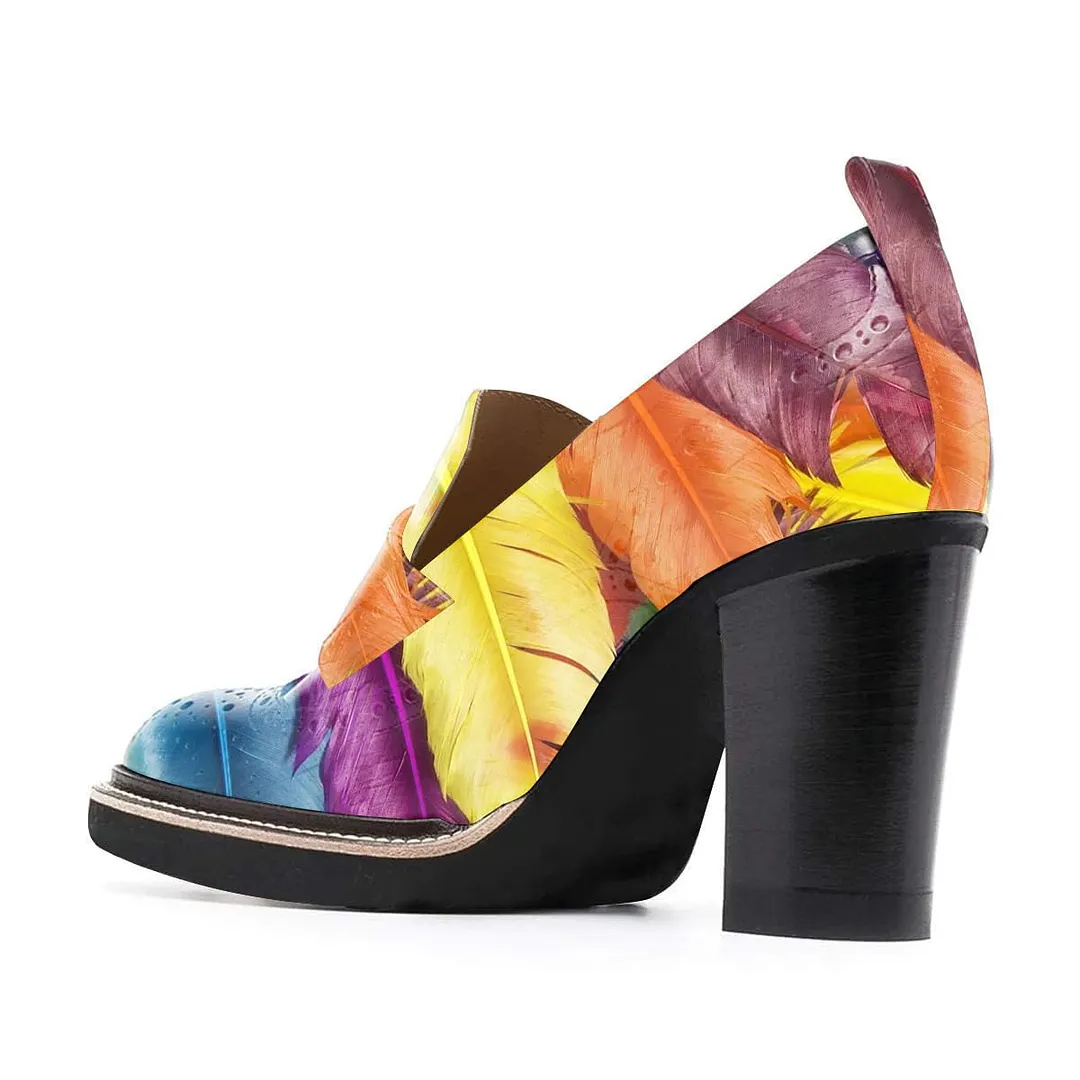 Colorful Perforated Chunky Heel Women's Loafers with Feather Print