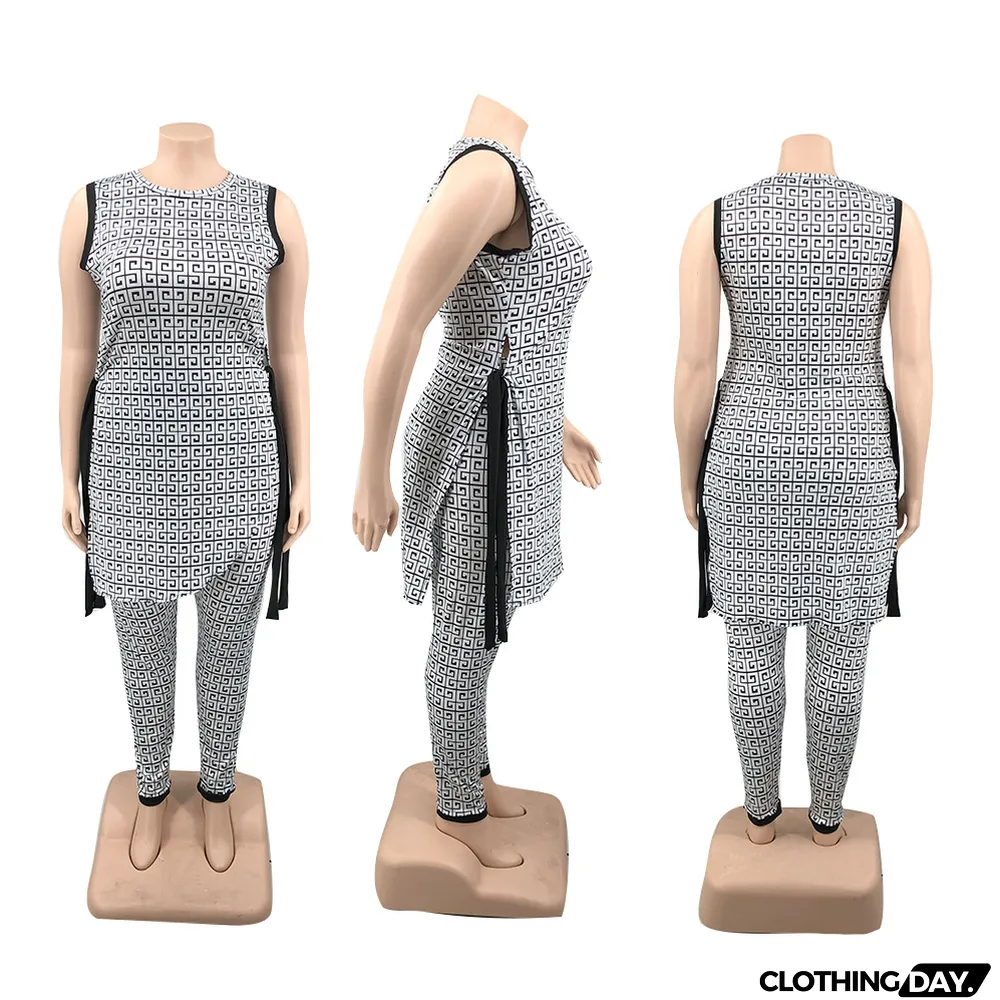 Plus Size Printed Split Sleeveless Top And Pants Set