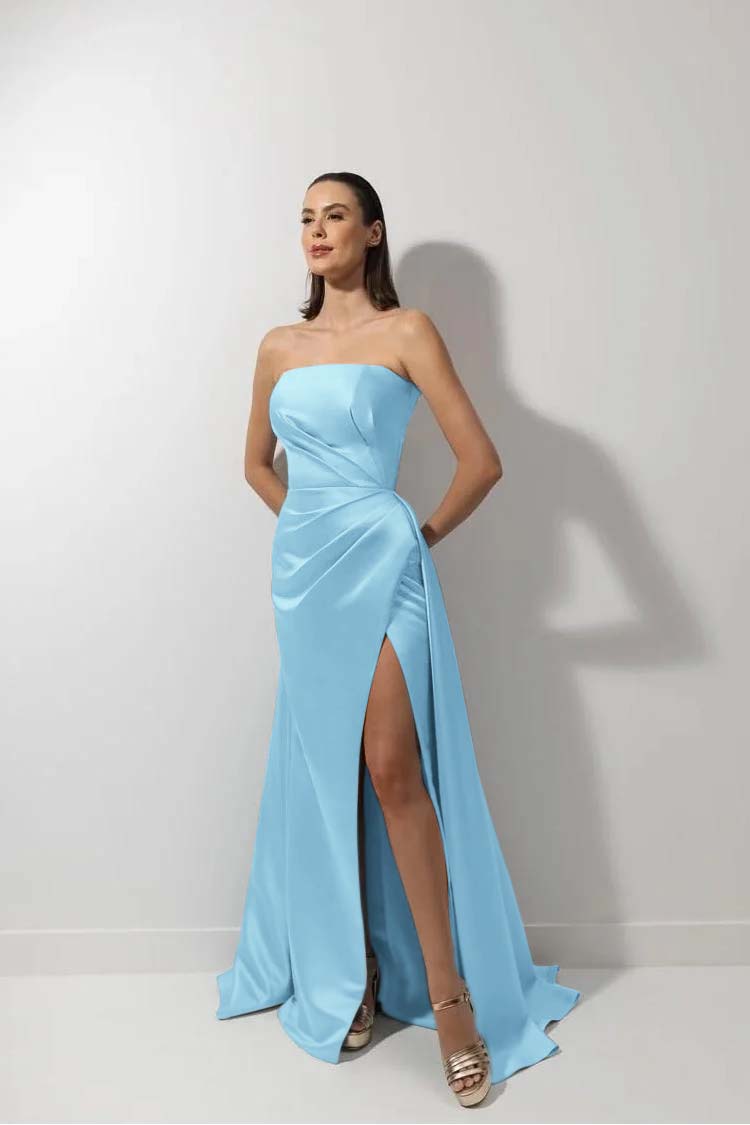 best lipstick for navy blue dress Light Blue Satin One-Shoulder Bridesmaid Dress with Bow – Dressesforparty main image 1