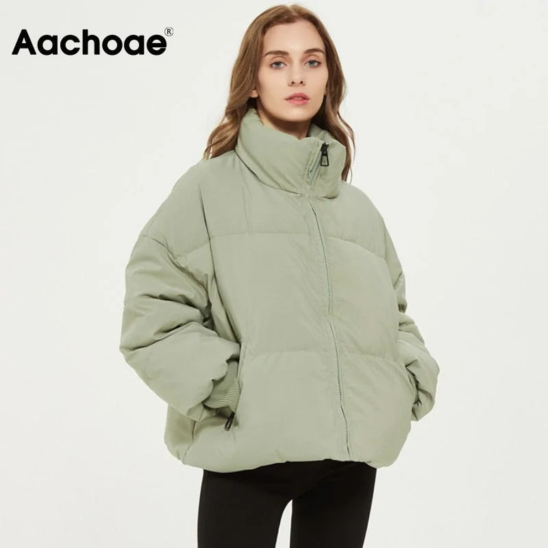 Aachoae Autumn Winter Women Fashion Thick Warm Padded Parkas Coats Female Long Sleeve Pockets Coat Chic Elegant Outerwear Tops