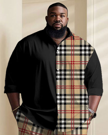 Men's Plus Size Casual Versatile Khaki Plaid Stitching Long-sleeved Lapel Shirt 2-piece Set