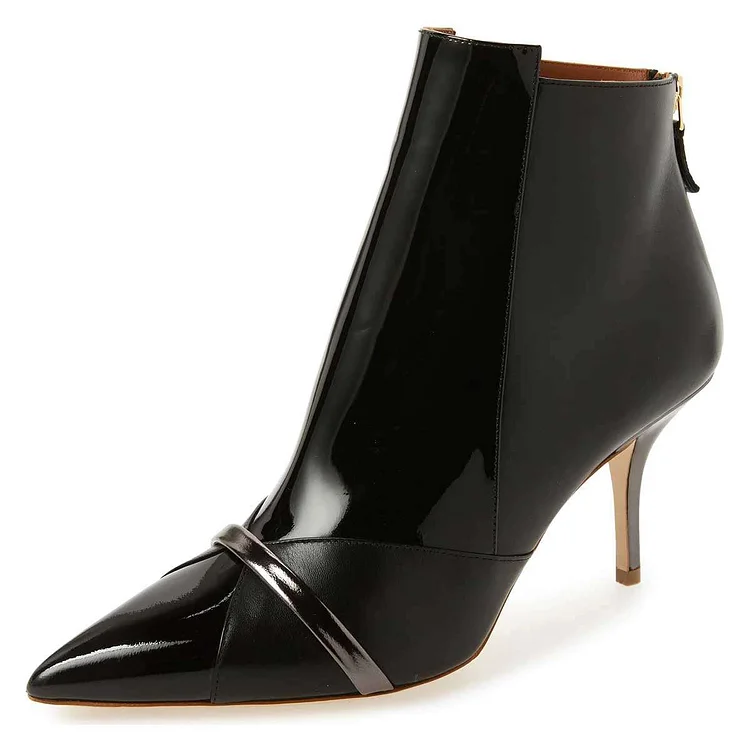 Black Patent Leather Pointy Toe Stiletto Heel Ankle Boots |FSJ Shoes