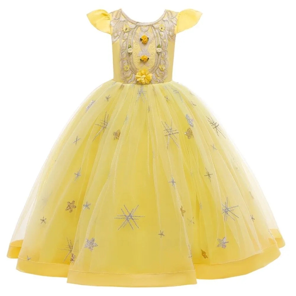 High End Long Style Dress For Girl Wedding Kids Crew Neck Embroidered Flower Kid Dress For Party 2-10 Years old
