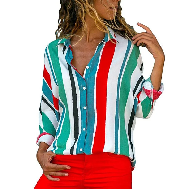 Aachoae Chiffon Blouse Women Long Sleeve Striped Shirt Turn Down Collar Office Shirt Casual Tops Blusas Femininas Plus Size