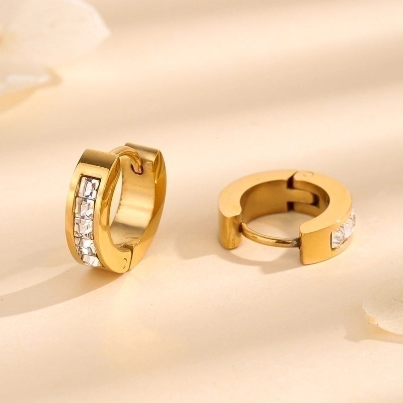 1 Pair Minimalist Round Polishing Plating Inlay Titanium Steel Rhinestones 18K Gold Plated Earrings