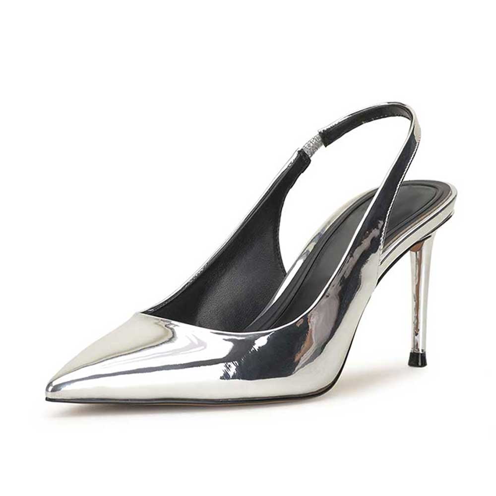 Silver Metallic Pointed Toe 3‘’ Stiletto Heel Evening Slingback Pumps Nicepairs
