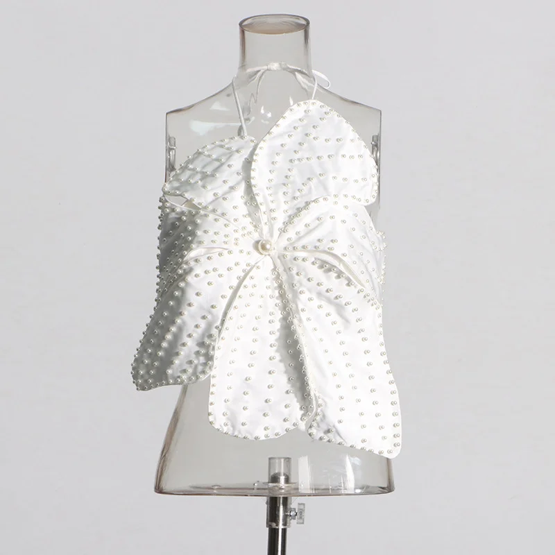 Toloer Toloer Hot Girl Designer Autumn 2024 New Hanging Neck Three-Dimensional Flower Nail Bead Pearl Wipe Chest Top-Outfit Ideas