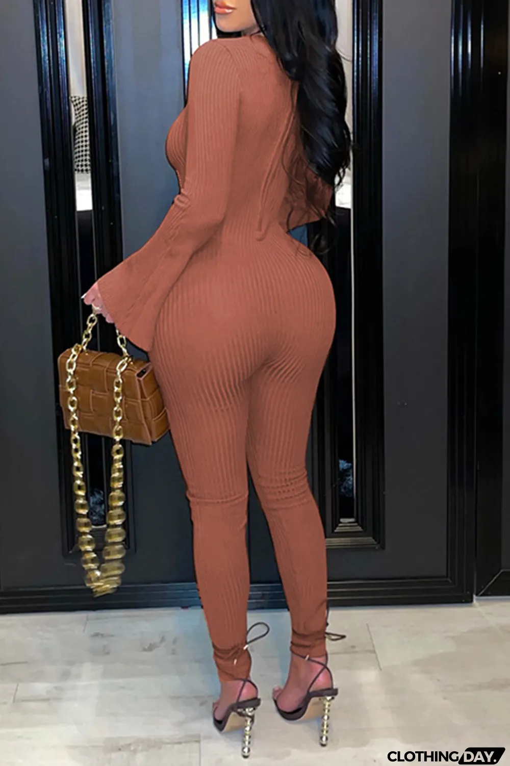 Burgundy Sexy Solid Hollowed Out V Neck Boot Cut Jumpsuits