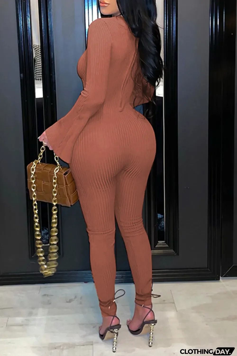 Burgundy Sexy Solid Hollowed Out V Neck Boot Cut Jumpsuits