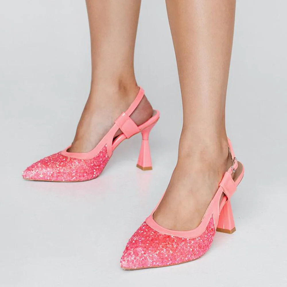 Pink Glitter Heel Women's Pointed Toe Slingback Pumps