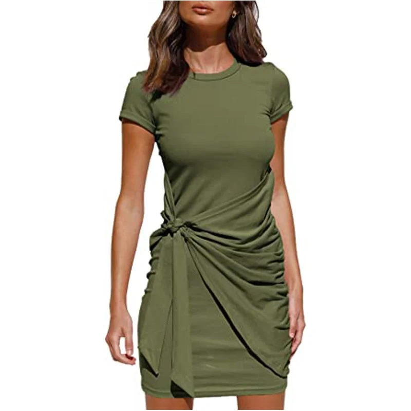 Women Dress Short Sleeved Round Neck Belt Dress