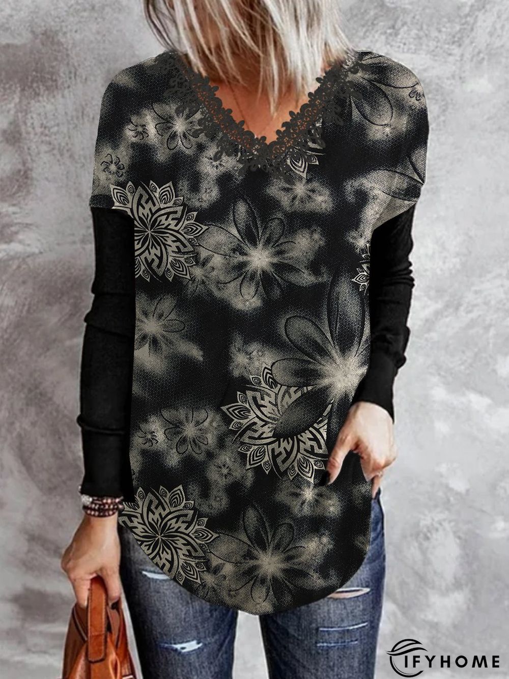 Floral Loose Jersey Vacation V Neck Tunic Top | IFYHOME