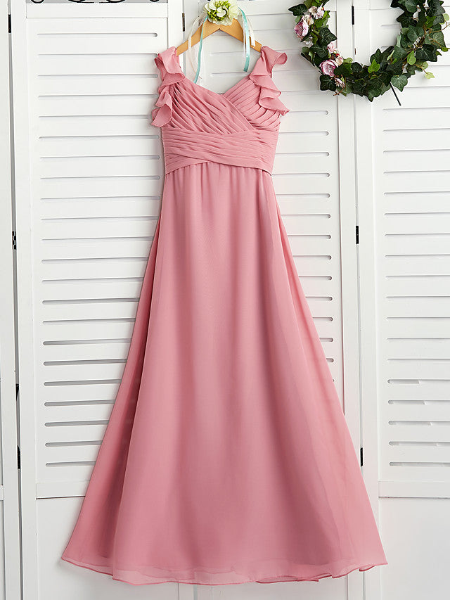 Oknass A-Line Boat Neck Maxi Chiffon Flower Girl Dress With Cascading Ruffles Ruching