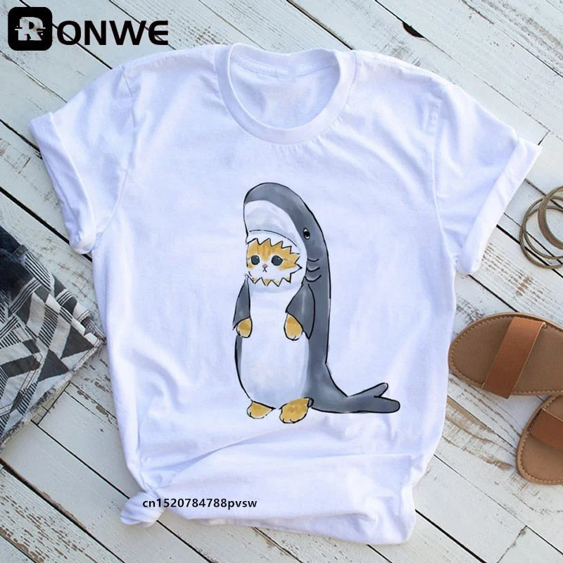 Cat Shark Funny Women Cartoon Y2K T shirt Female 90s Summer Clothing Girl Fashion Black T-shirts,Drop Shipping