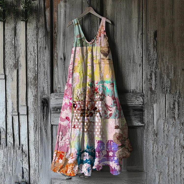 Women's Vintage Floral Patchwork Art Linen Midi Dress