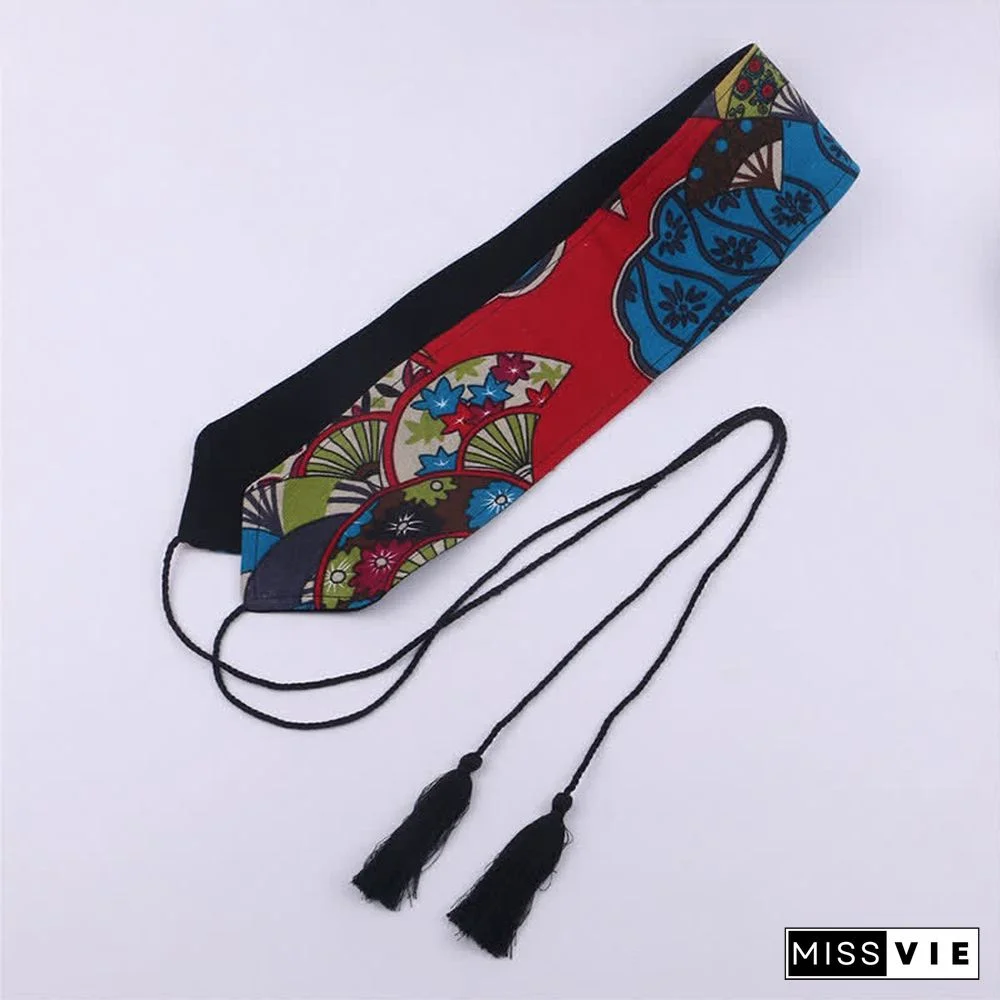 Vintage Print Tassel Lace Up Hanfu Waistband