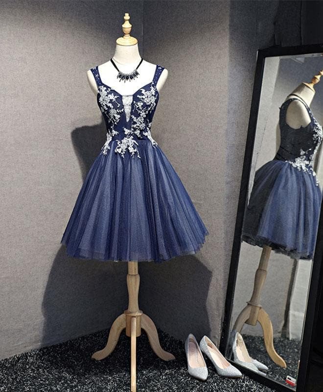 High Quality Dark Blue Tulle Beading Short Prom Dress, Homecoming Dress
