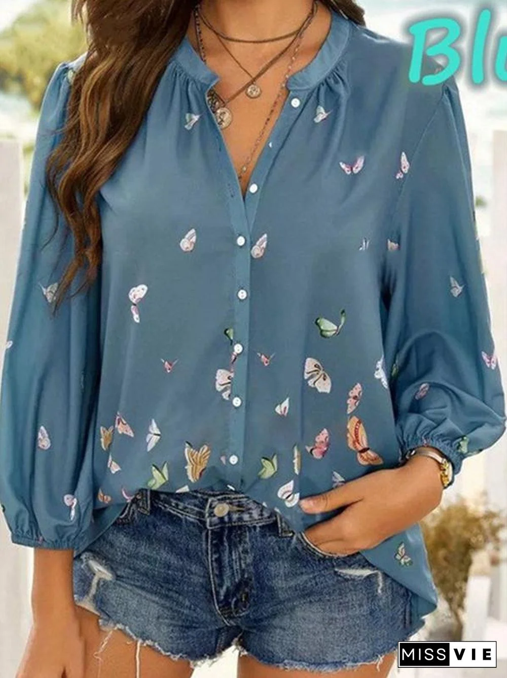 Women Casual Long Sleeve Shirt Collar Floral Printed Tops
