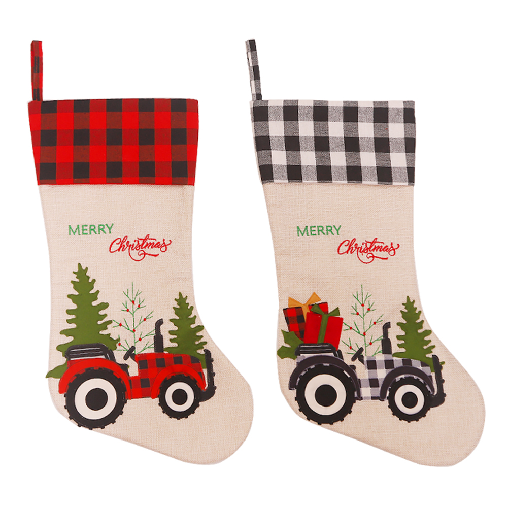 

Christmas Linen Sock Gift Candy Bag Cartoon Tractor Print Hanging Stockings, Black and white, 501 Original