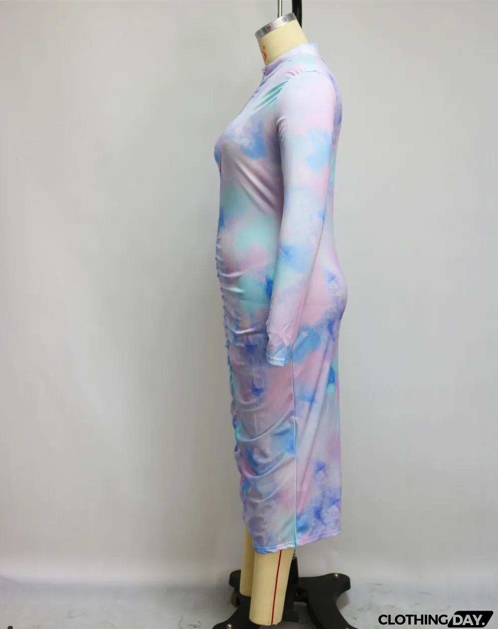 Plus Size Printed Ruched Zipper Midi Dress